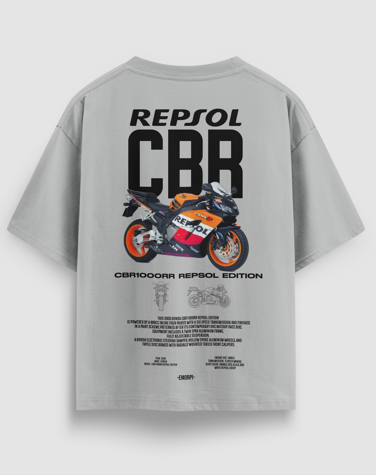 Repsol CBR baskılı motorcu tişört, gri, arkadan görünüm. Repsol renklerinde CBR1000RR çizimli sırt baskısı