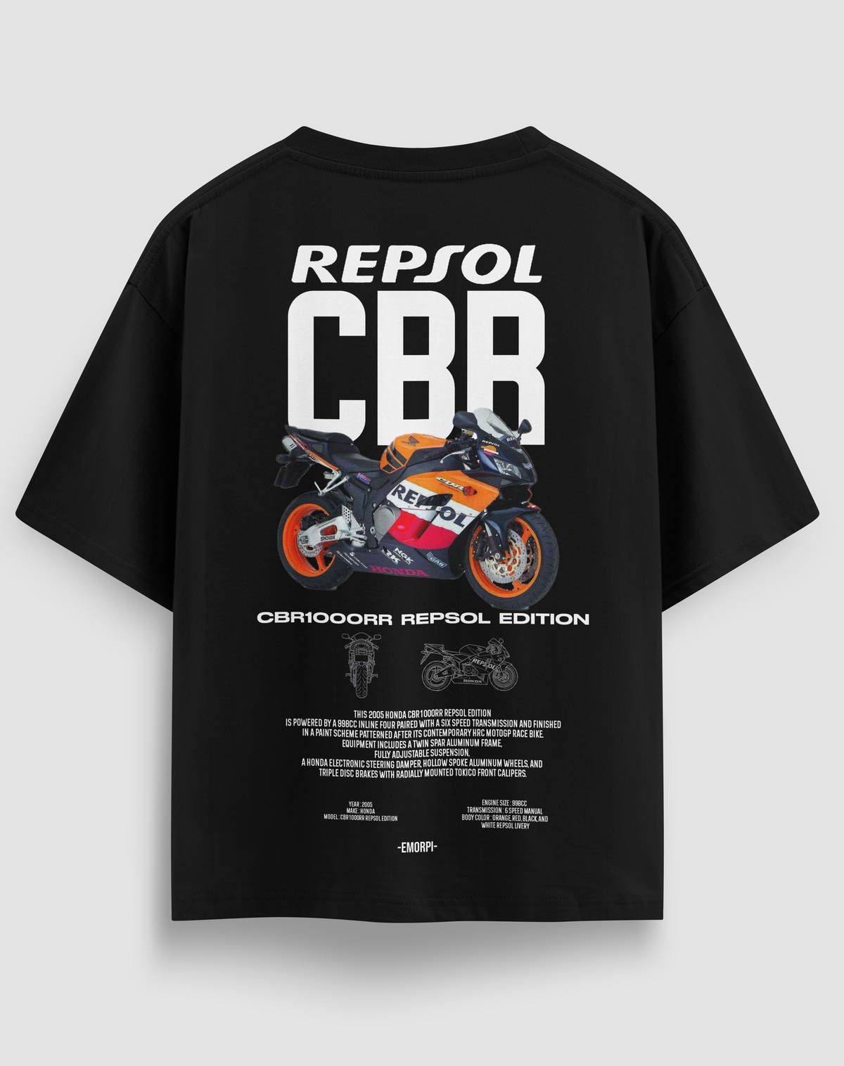 Repsol CBR baskılı motorcu tişört, siyah, arkadan görünüm. Repsol renklerinde CBR1000RR çizimli sırt baskısı