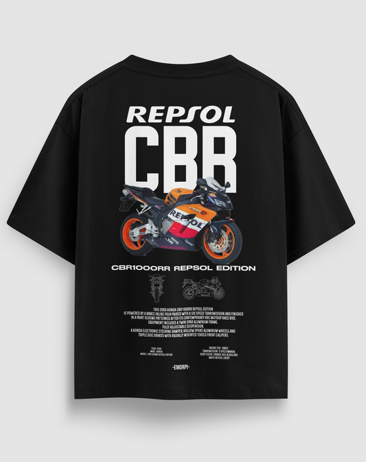 Repsol CBR baskılı motorcu tişört, siyah, arkadan görünüm. Repsol renklerinde CBR1000RR çizimli sırt baskısı