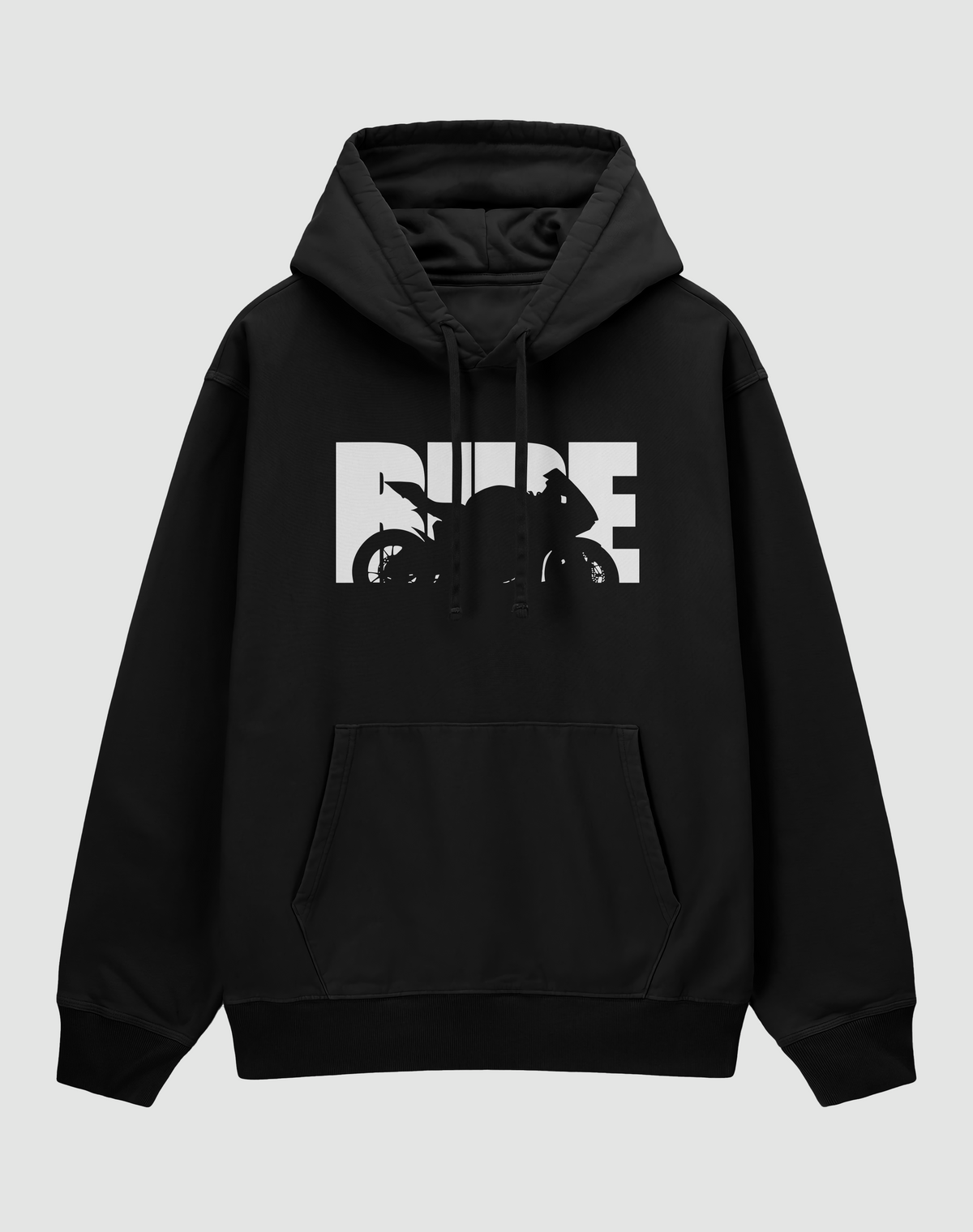 RIDE baskılı oversize motorcu hoodie, siyah, önden görünüm. Göğüste RIDE yazısı ve motosiklet silueti baskısı