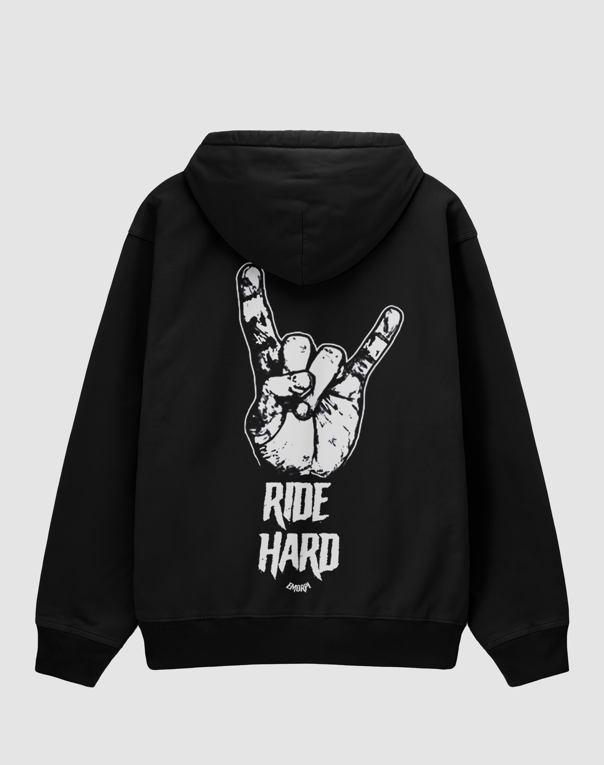 Ride Hard baskılı oversize motorcu hoodie, siyah, arkadan görünüm. Rock selamı el çizimi ve RIDE HARD sırt baskısı