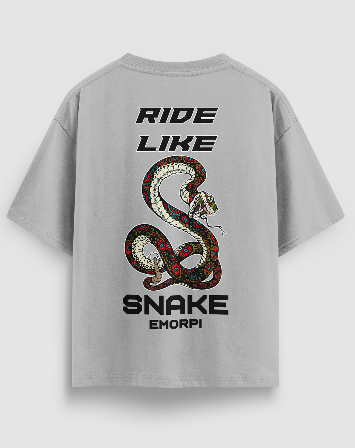 Ride Like Snake baskılı motorcu tişört, gri, arkadan görünüm. RIDE LIKE SNAKE yazılı yılan sırt baskısı