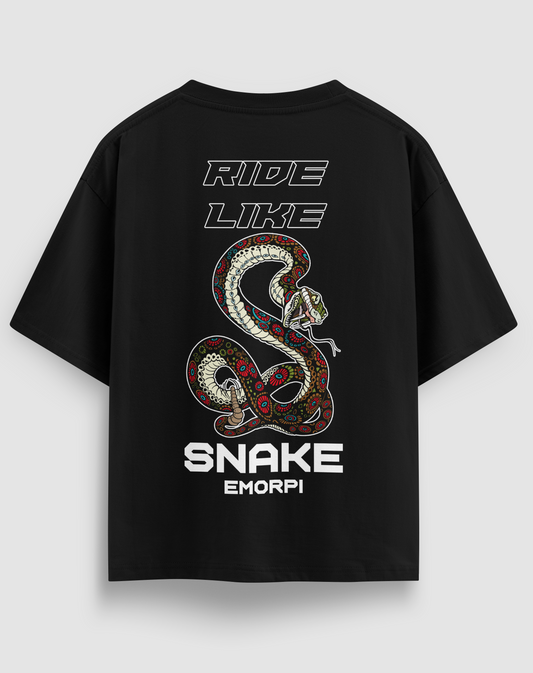 Ride Like Snake baskılı motorcu tişört, siyah, arkadan görünüm. RIDE LIKE SNAKE yazılı yılan sırt baskısı