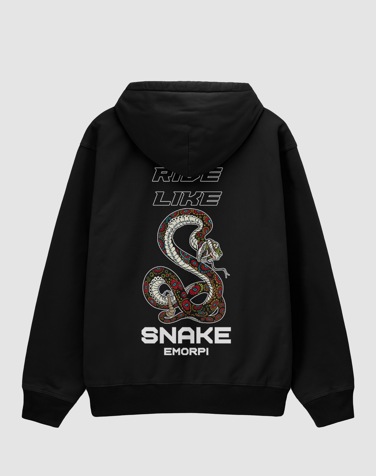 Ride Like Snake baskılı oversize motorcu hoodie, siyah, arkadan görünüm. RIDE LIKE SNAKE yazılı yılan sırt baskısı, önde küçük yılan