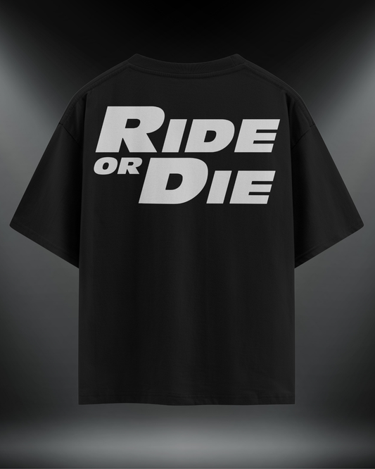 Ride or Die reflektör baskılı motorcu tişört, siyah, sırtta Ride or Die yazısı