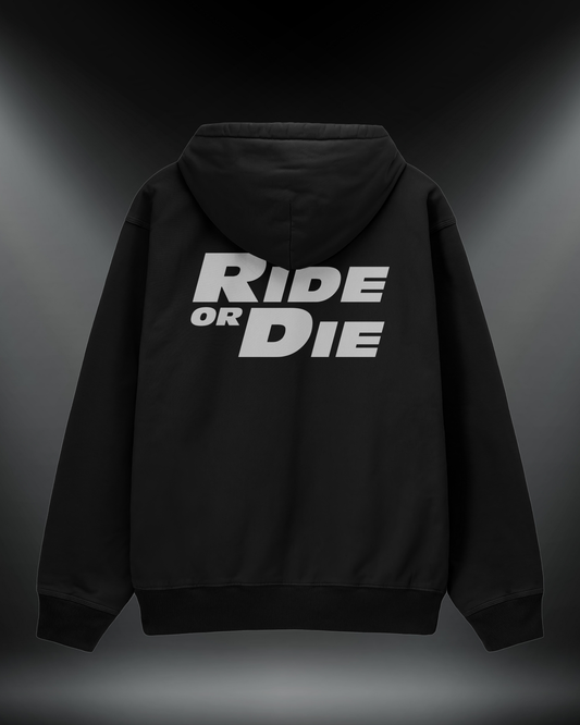 Ride or Die reflektörlü oversize motorcu hoodie, siyah, sırtta Ride or Die yazısı