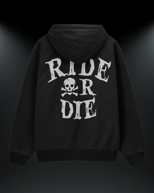 Ride or Die (Yeni Sezon) reflektörlü oversize motorcu hoodie, siyah, arkadan görünüm. Reflektörlü kurukafalı RIDE or DIE baskısı, gece görünürlük