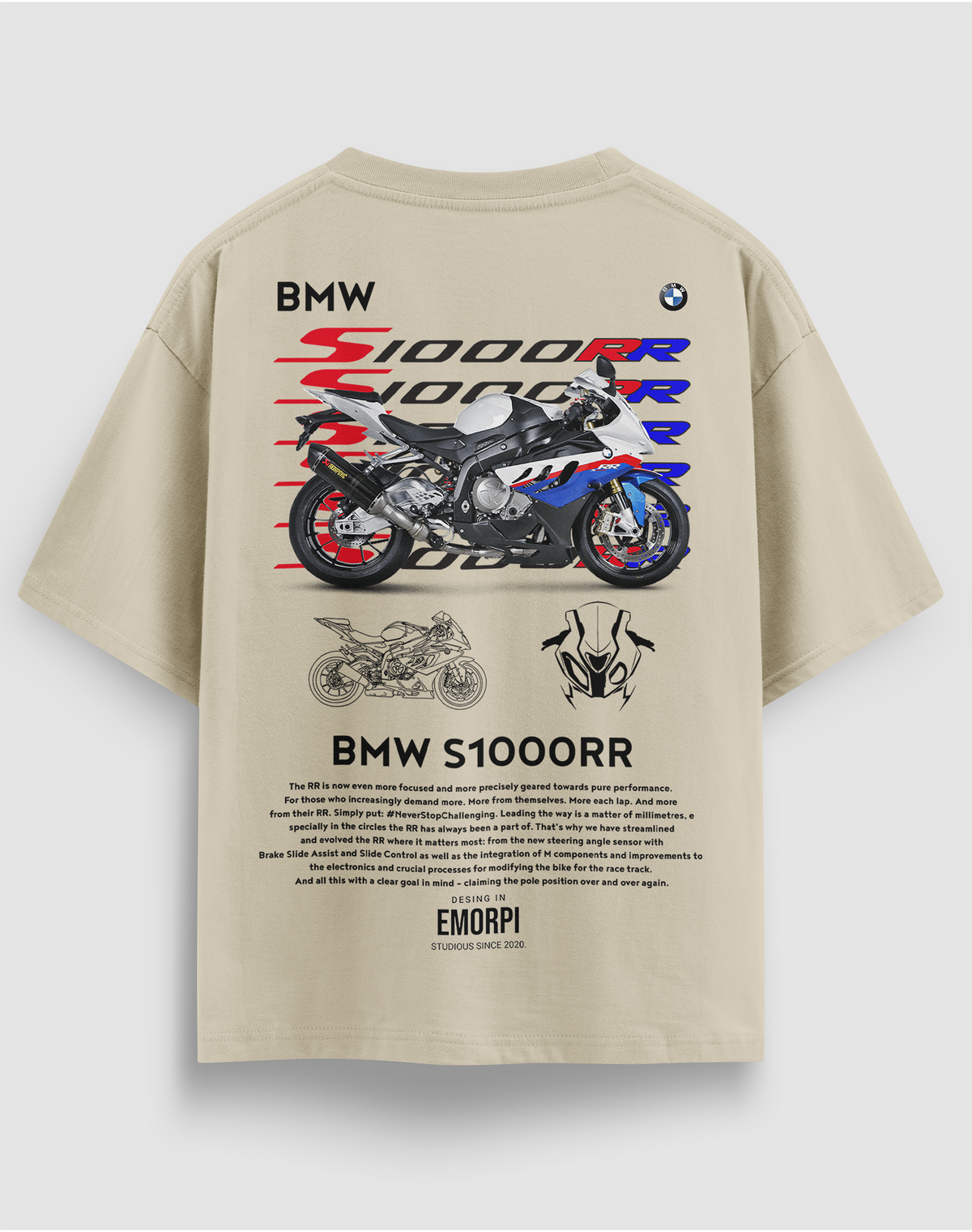 S1000RR baskılı motorcu tişört, bej, arkadan görünüm, sırtta BMW S1000RR motosiklet baskısı