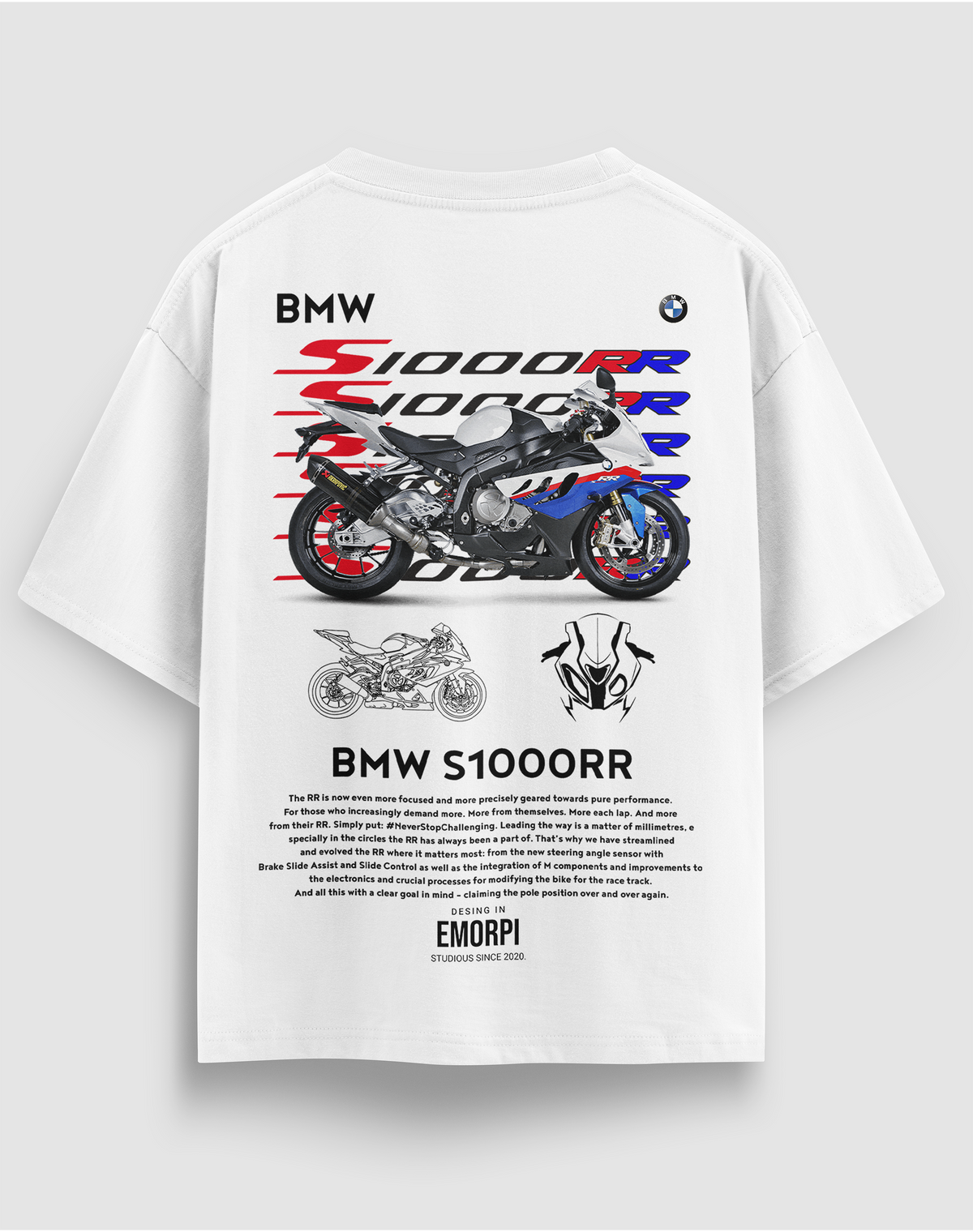 S1000RR baskılı motorcu tişört, beyaz, arkadan görünüm, sırtta BMW S1000RR motosiklet baskısı
