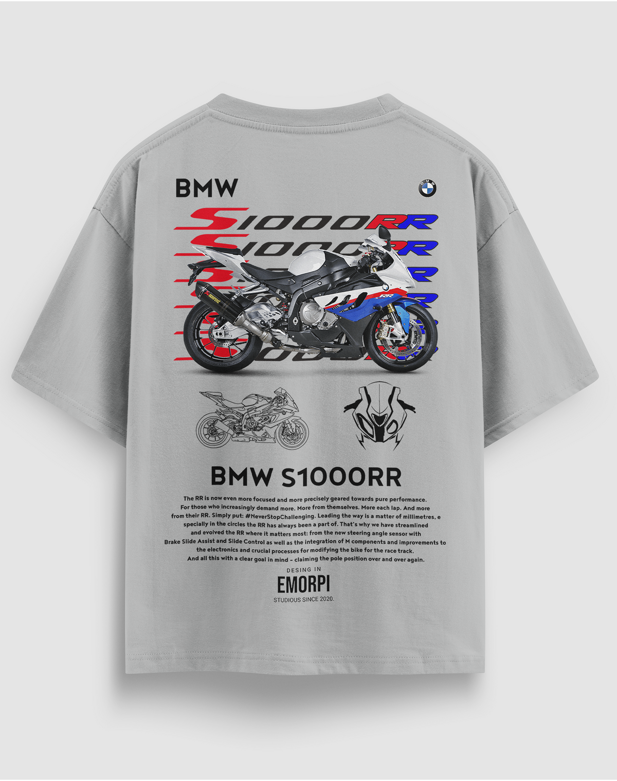 S1000RR baskılı motorcu tişört, gri, arkadan görünüm, sırtta BMW S1000RR motosiklet baskısı