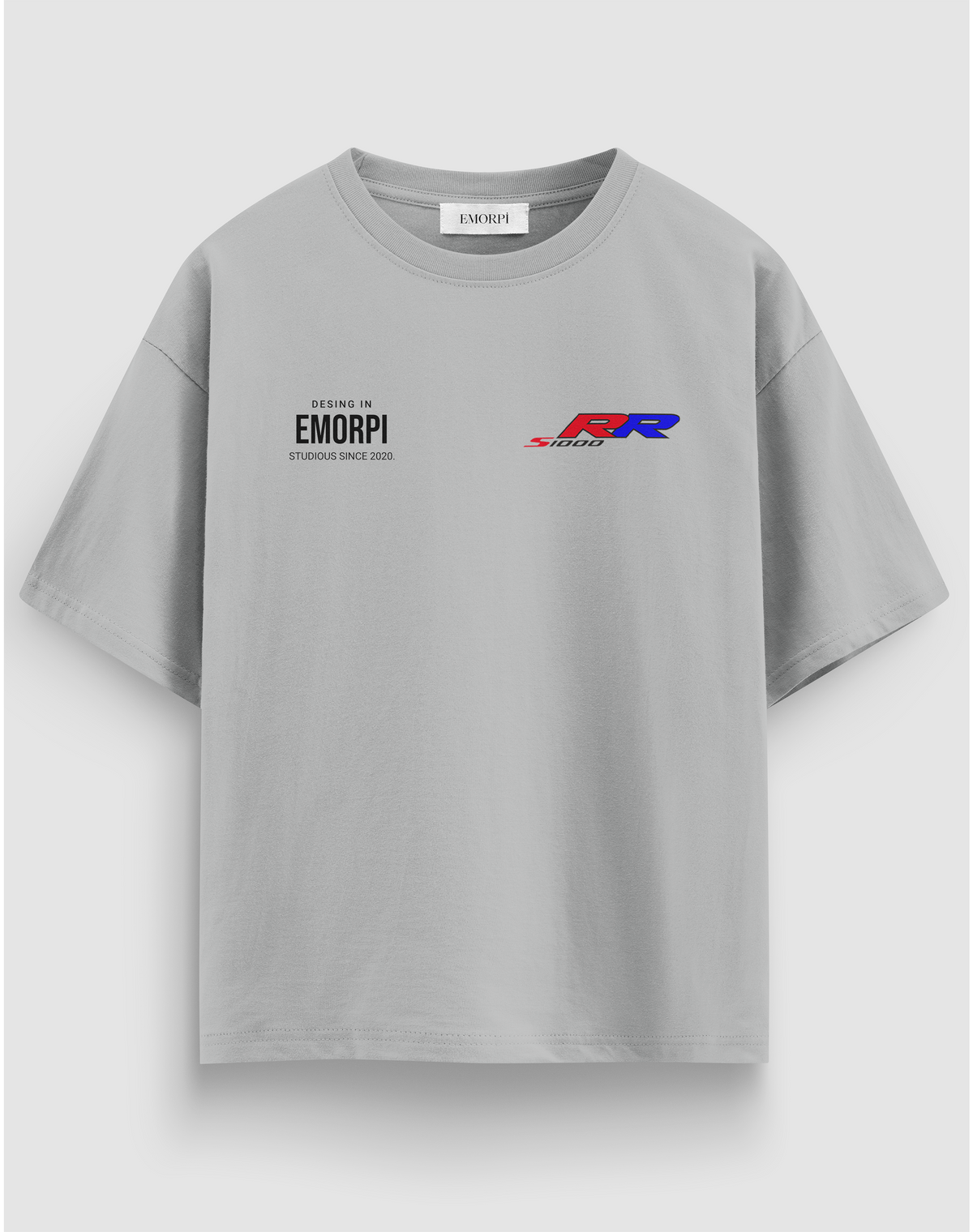 S1000RR baskılı motorcu tişört, gri, önden görünüm, göğüste Emorpi logosu