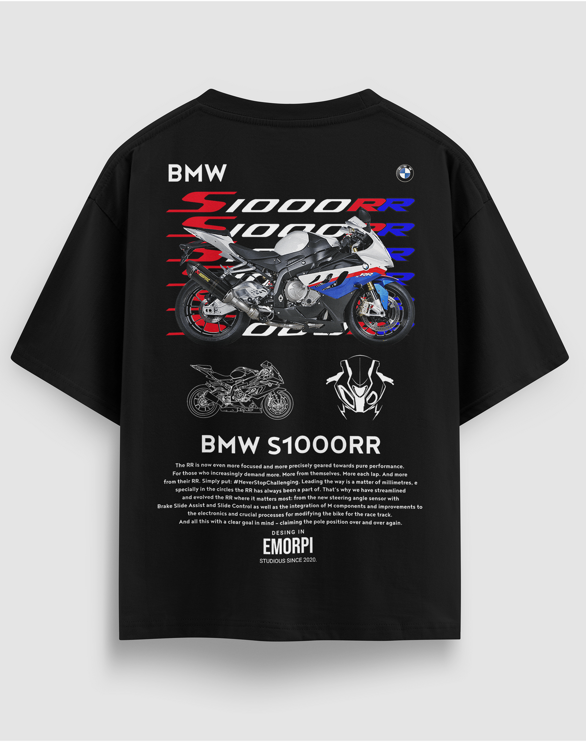 S1000RR baskılı motorcu tişört, siyah, arkadan görünüm, sırtta BMW S1000RR motosiklet baskısı