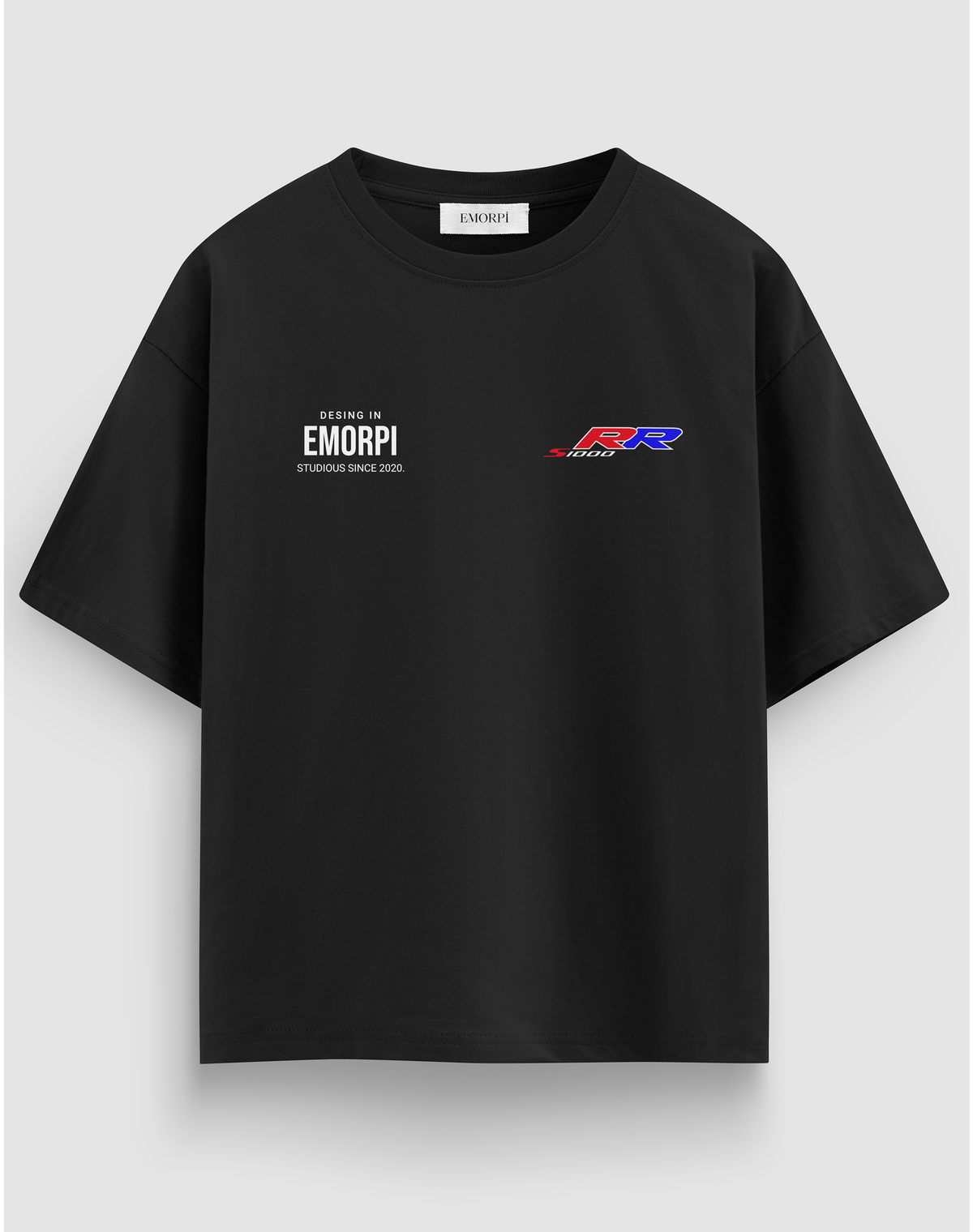 S1000RR baskılı motorcu tişört, siyah, önden görünüm, göğüste Emorpi logosu