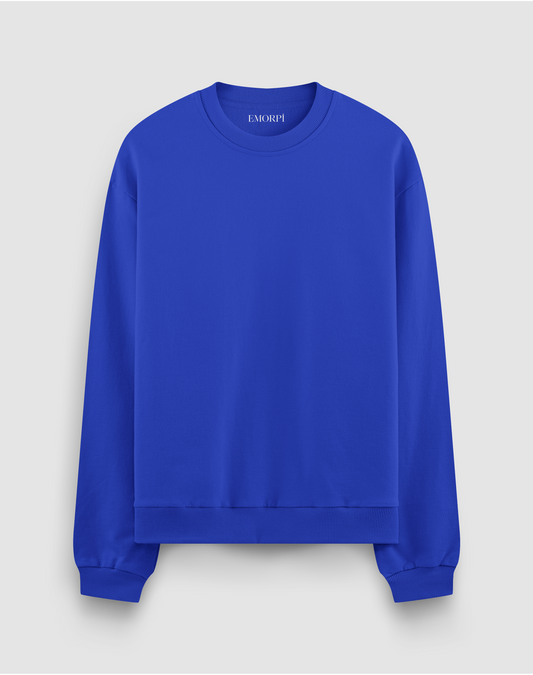 Sax mavi oversize sweatshirt, önden görünüm. Baskısız, sax mavi