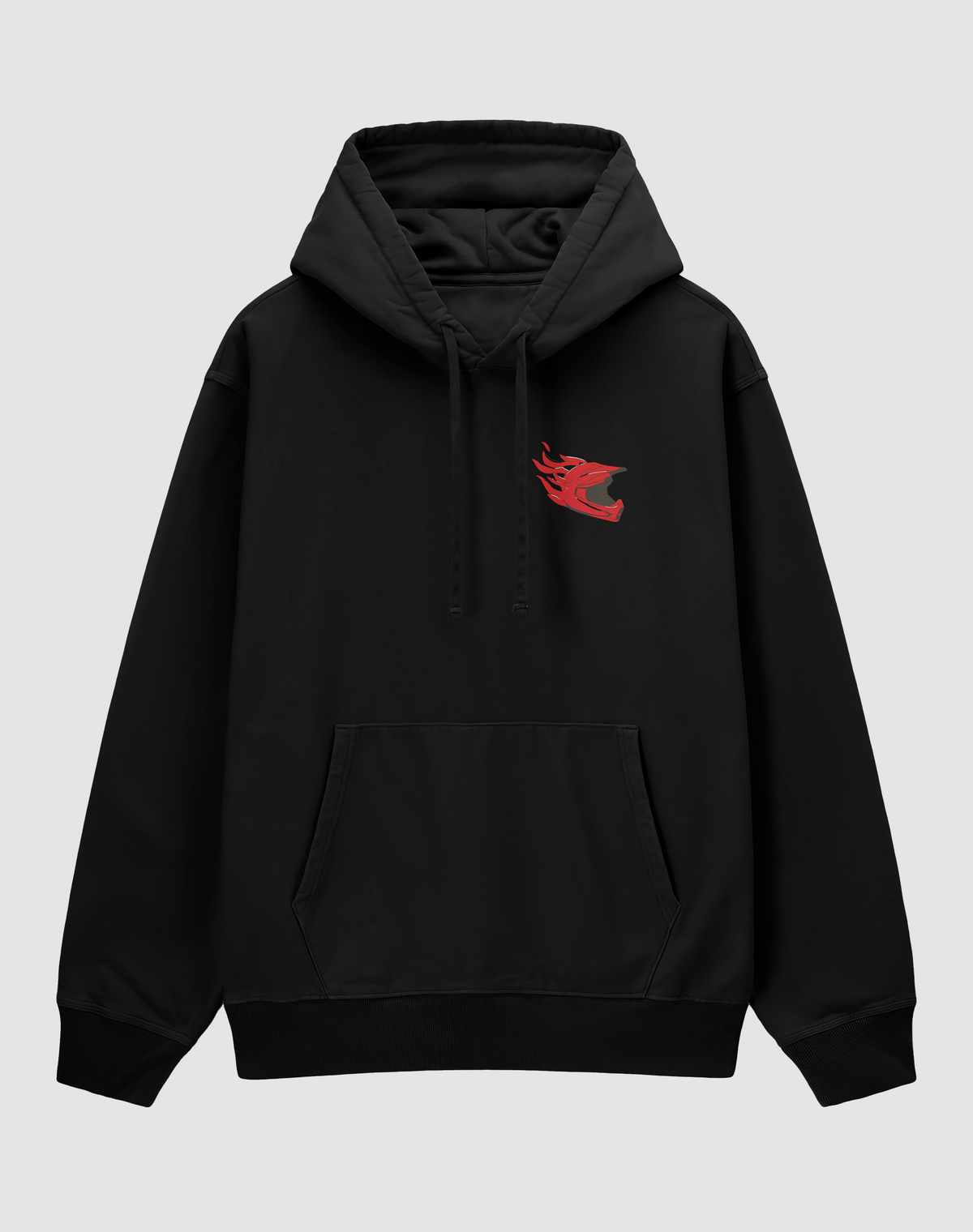 Şeytan Kaskı baskılı oversize hoodie, siyah, önden görünüm. Göğüste alevli kırmızı kros kaskı baskısı