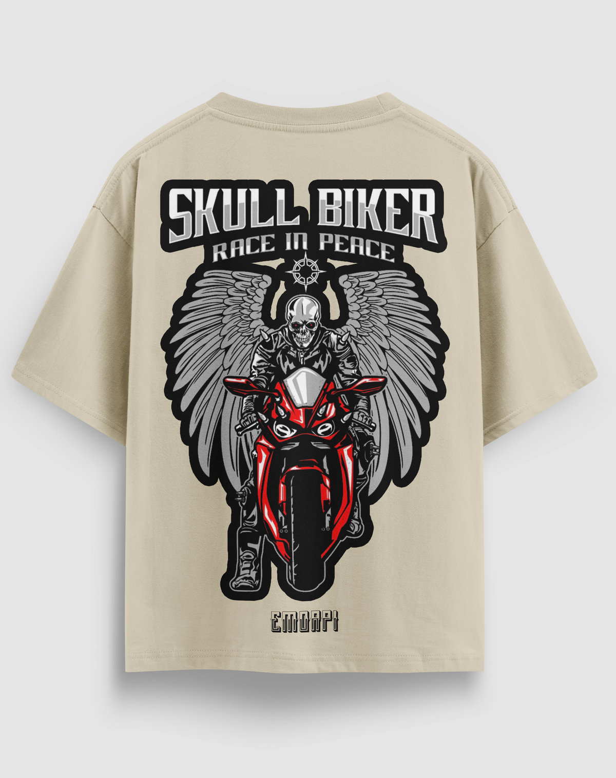 Skull Biker baskılı motorcu tişört, bej, arkadan görünüm. Kanatlı kurukafa sürücü ve SKULL BIKER sırt baskısı