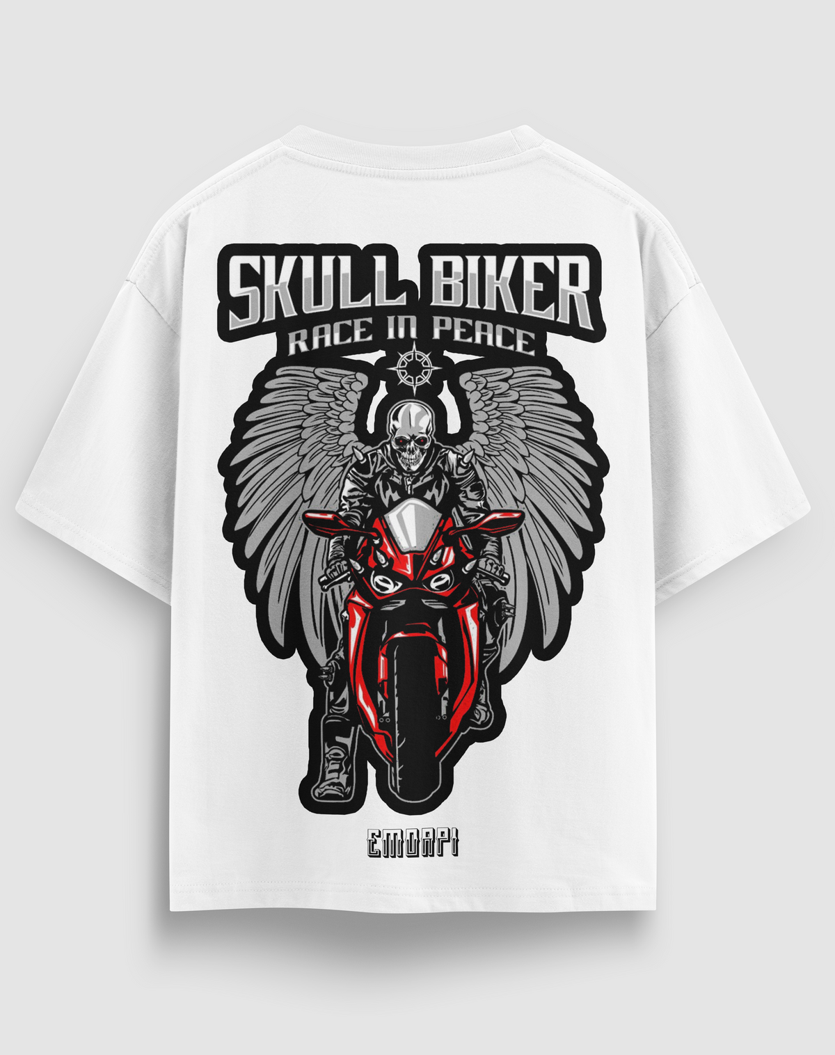 Skull Biker baskılı motorcu tişört, beyaz, arkadan görünüm. Kanatlı kurukafa sürücü ve SKULL BIKER sırt baskısı
