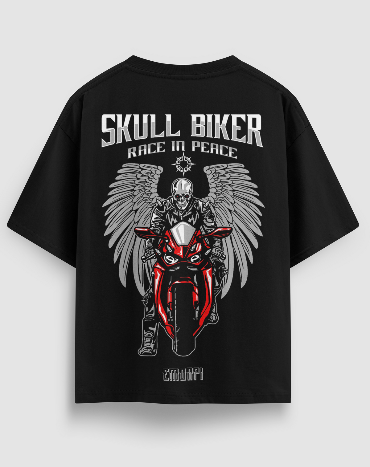Skull Biker baskılı motorcu tişört, siyah, arkadan görünüm. Kanatlı kurukafa sürücü ve SKULL BIKER sırt baskısı