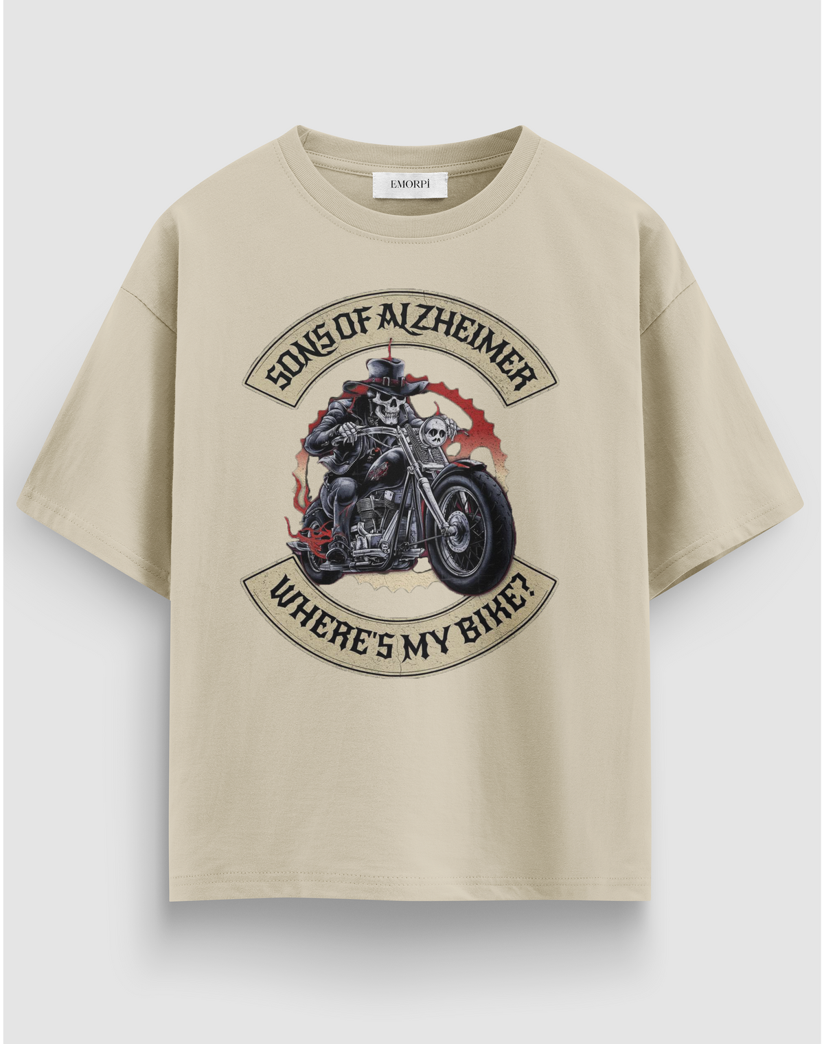 Sons of Alzheimer baskılı motorcu tişört, bej, önden görünüm. Göğüste iskelet motorcu ve WHERE'S MY BIKE? arma baskısı
