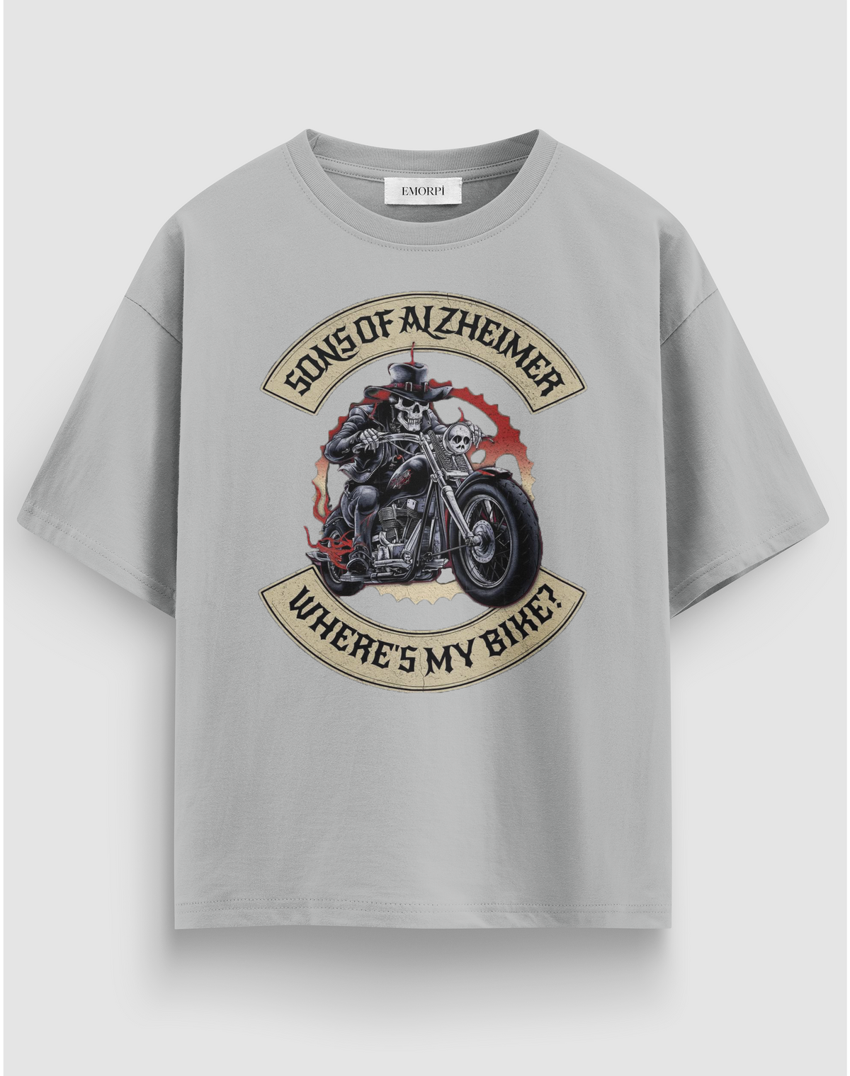 Sons of Alzheimer baskılı motorcu tişört, gri, önden görünüm. Göğüste iskelet motorcu ve WHERE'S MY BIKE? arma baskısı