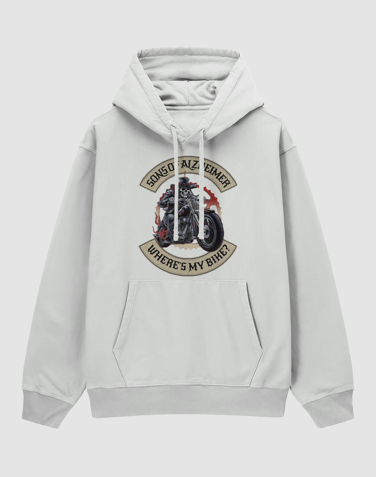 Sons of Alzheimer baskılı oversize hoodie, beyaz, önden görünüm. Göğüste iskelet motorcu ve WHERE'S MY BIKE? arma baskısı
