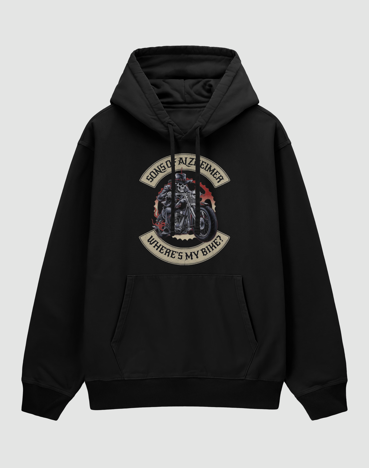 Sons of Alzheimer baskılı oversize hoodie, siyah, önden görünüm. Göğüste iskelet motorcu ve WHERE'S MY BIKE? arma baskısı
