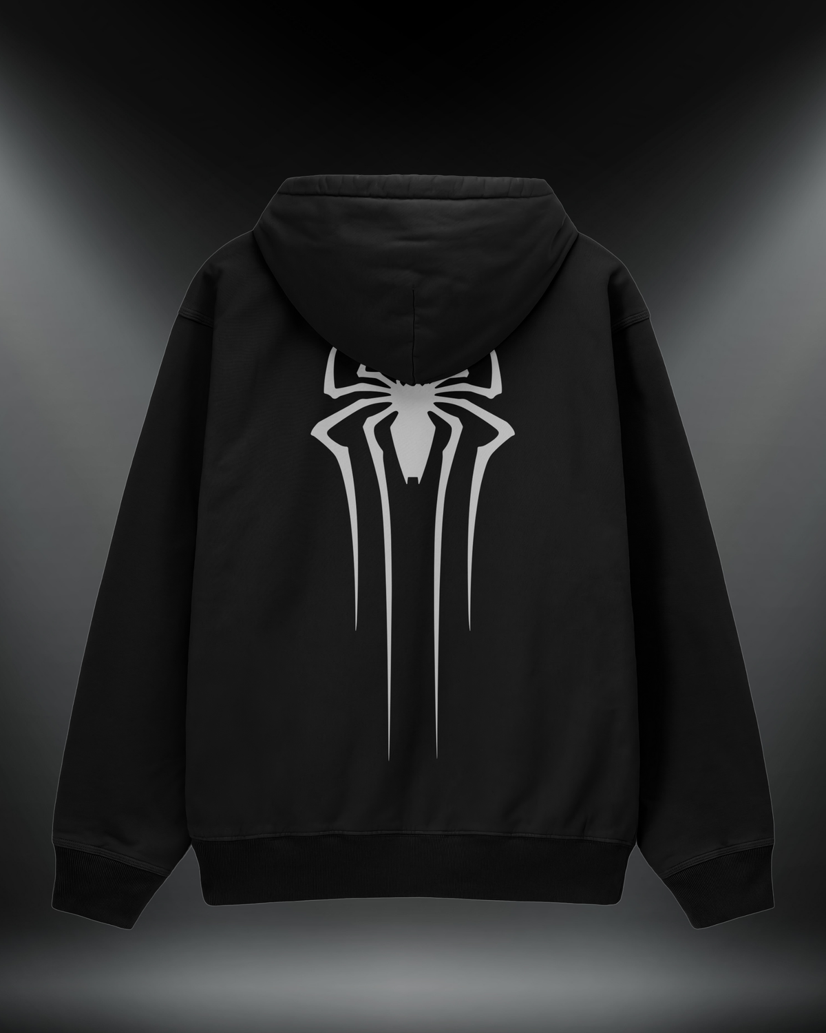 Spider reflektörlü oversize motorcu hoodie, siyah, sırtta örümcek baskısı