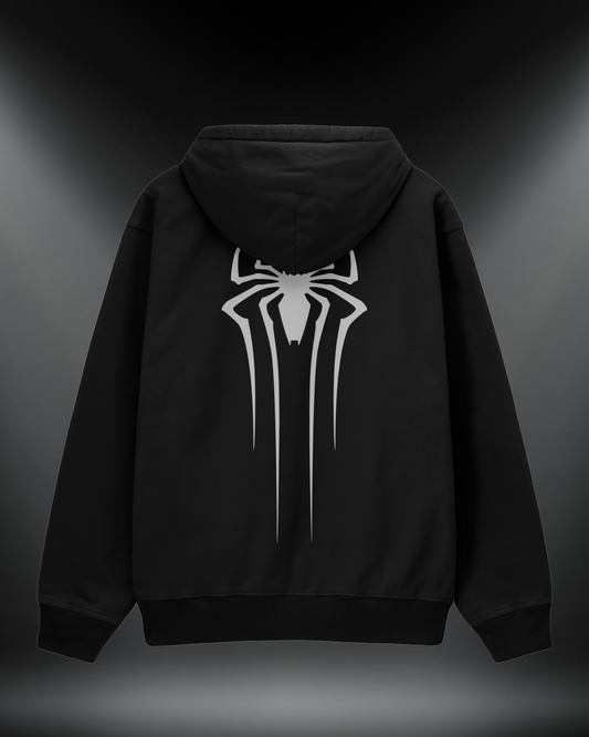Spider reflektörlü oversize motorcu hoodie, siyah, sırtta örümcek baskısı