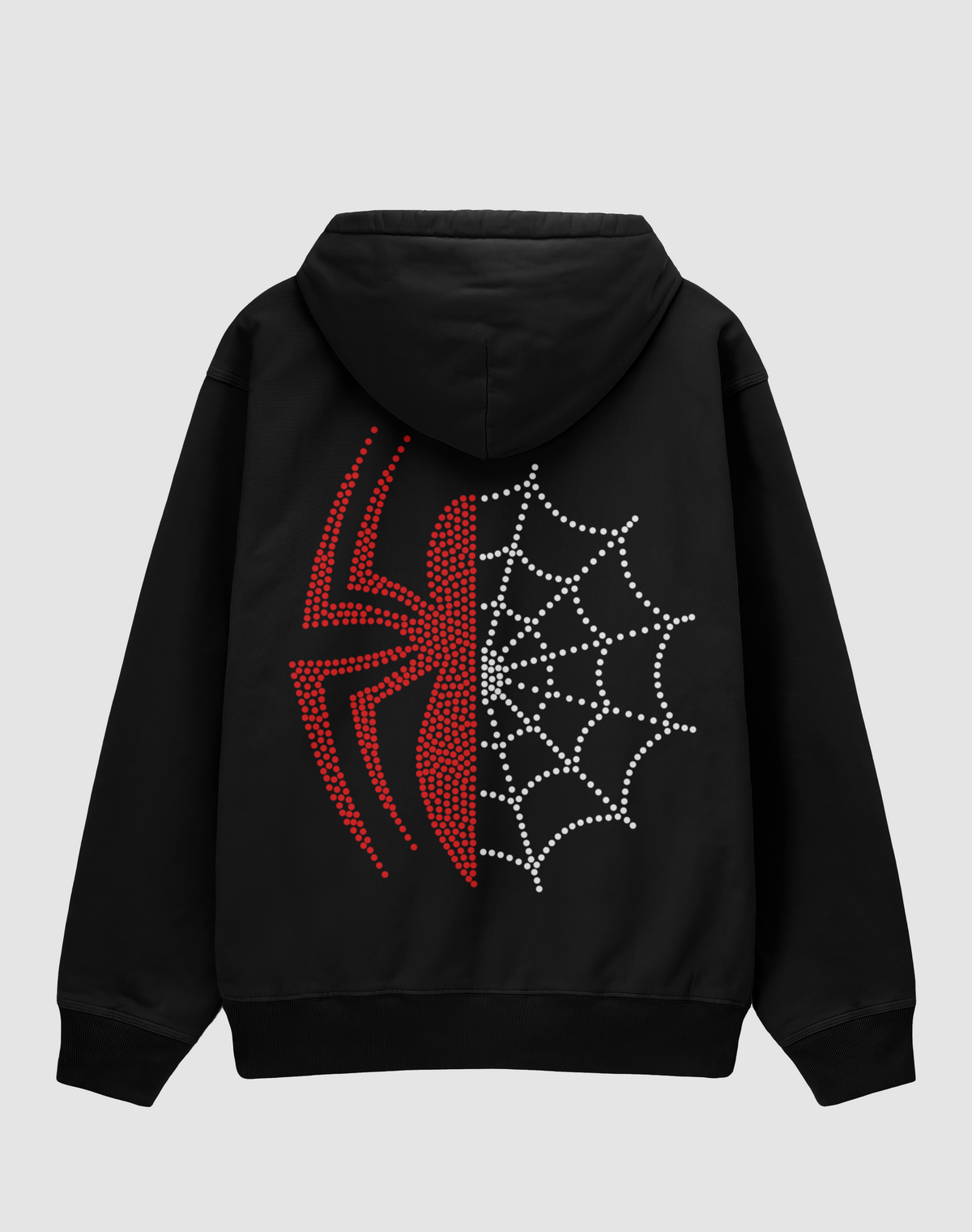 Spider taş baskılı oversize hoodie, siyah, arkadan görünüm. Kırmızı ve beyaz taş işlemeli örümcek ve ağ sırt tasarımı