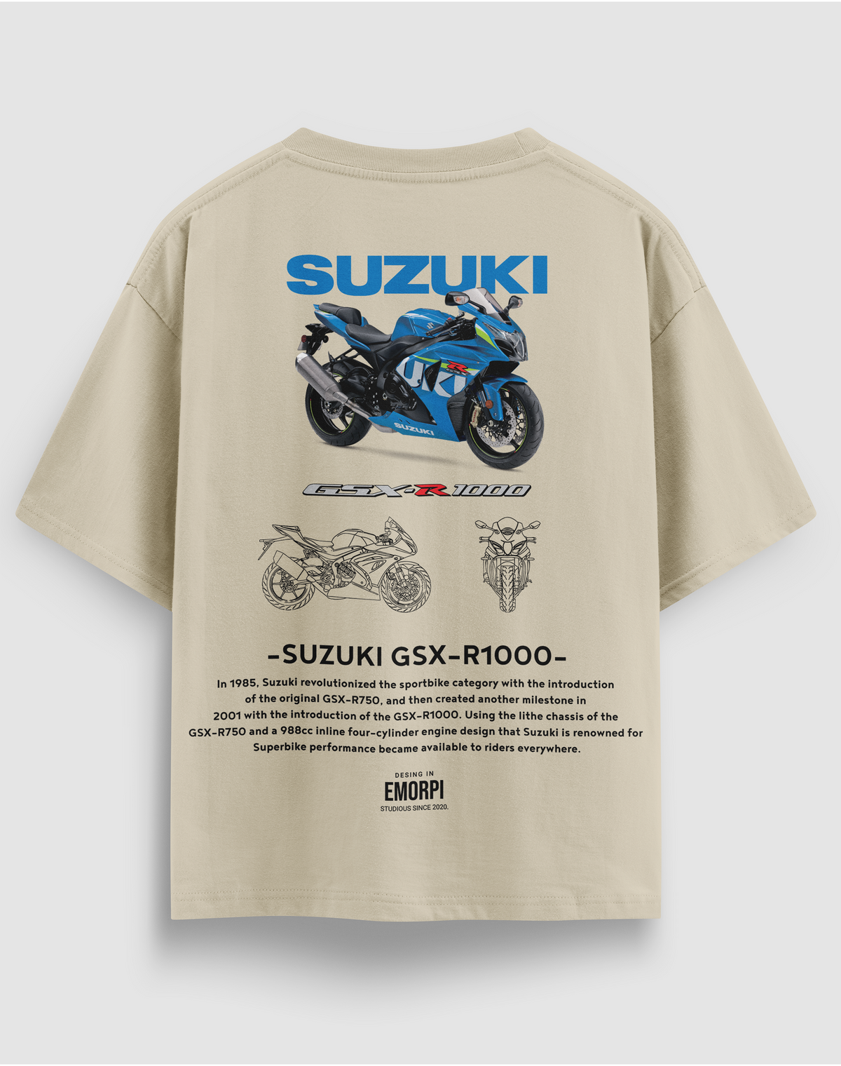 Suzuki GSX-R1000 baskılı motorcu tişört, bej, arkadan görünüm. Suzuki GSX-R1000 çizimli sırt baskısı