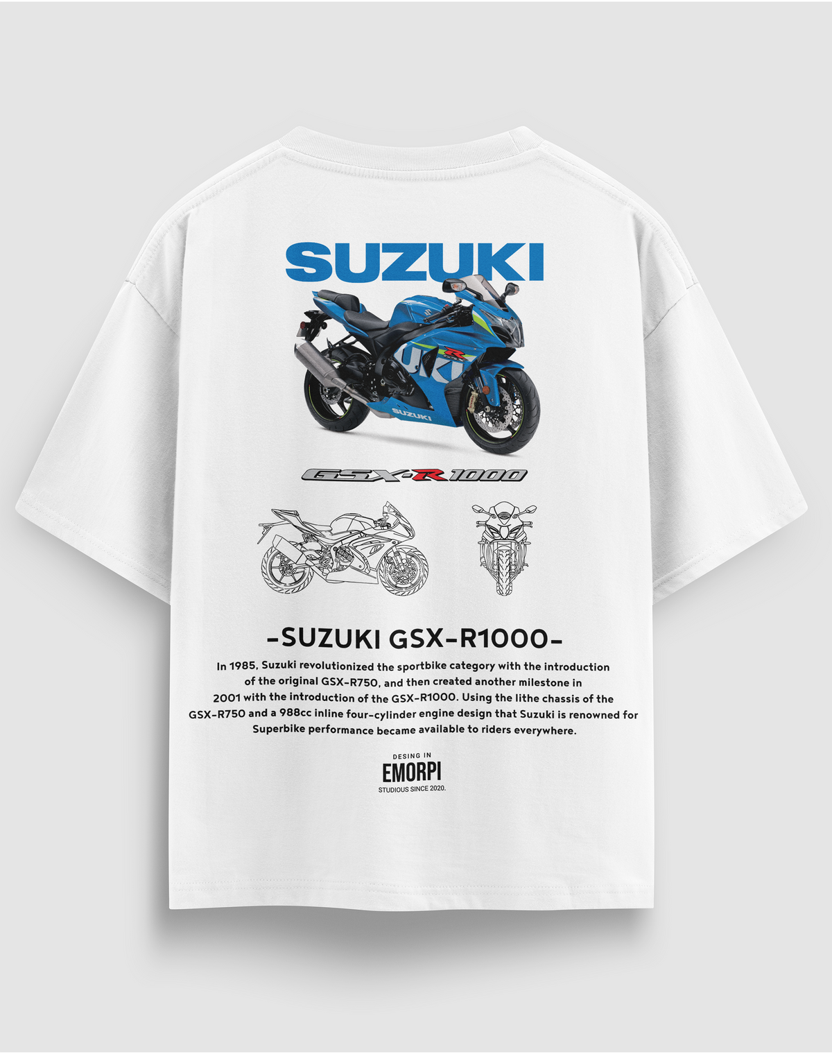 Suzuki GSX-R1000 baskılı motorcu tişört, beyaz, arkadan görünüm. Suzuki GSX-R1000 çizimli sırt baskısı