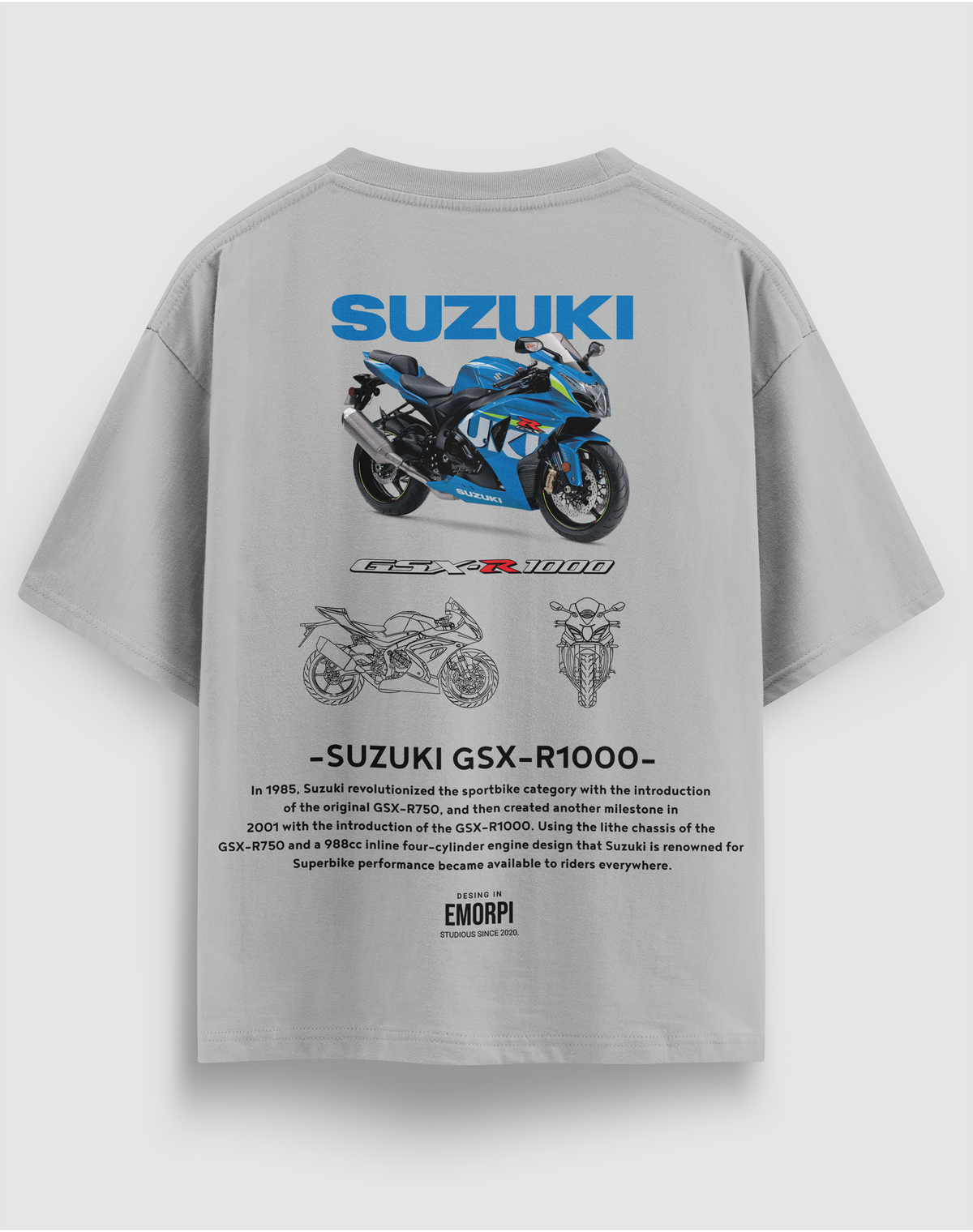 Suzuki GSX-R1000 baskılı motorcu tişört, gri, arkadan görünüm. Suzuki GSX-R1000 çizimli sırt baskısı