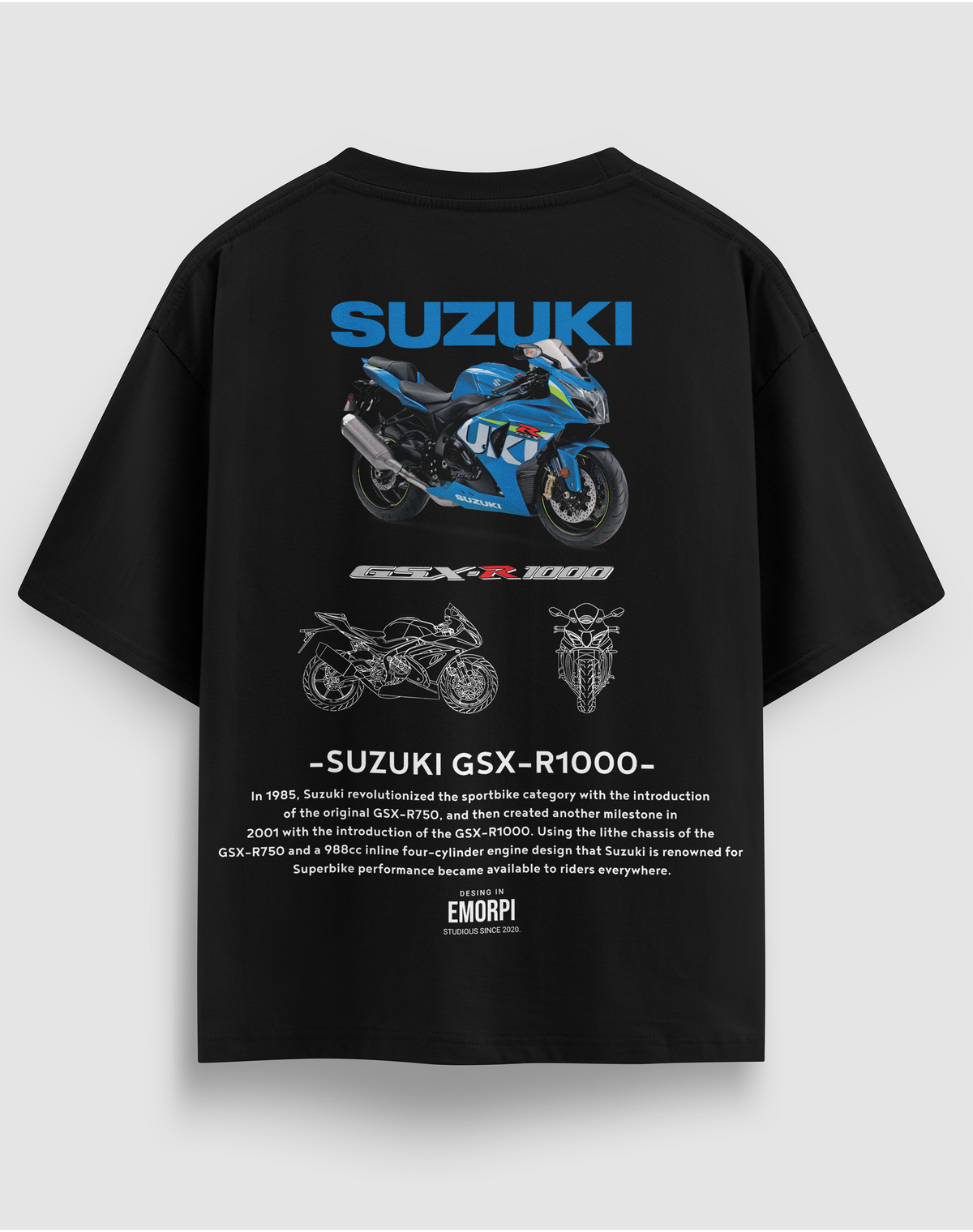 Suzuki GSX-R1000 baskılı motorcu tişört, siyah, arkadan görünüm. Suzuki GSX-R1000 çizimli sırt baskısı