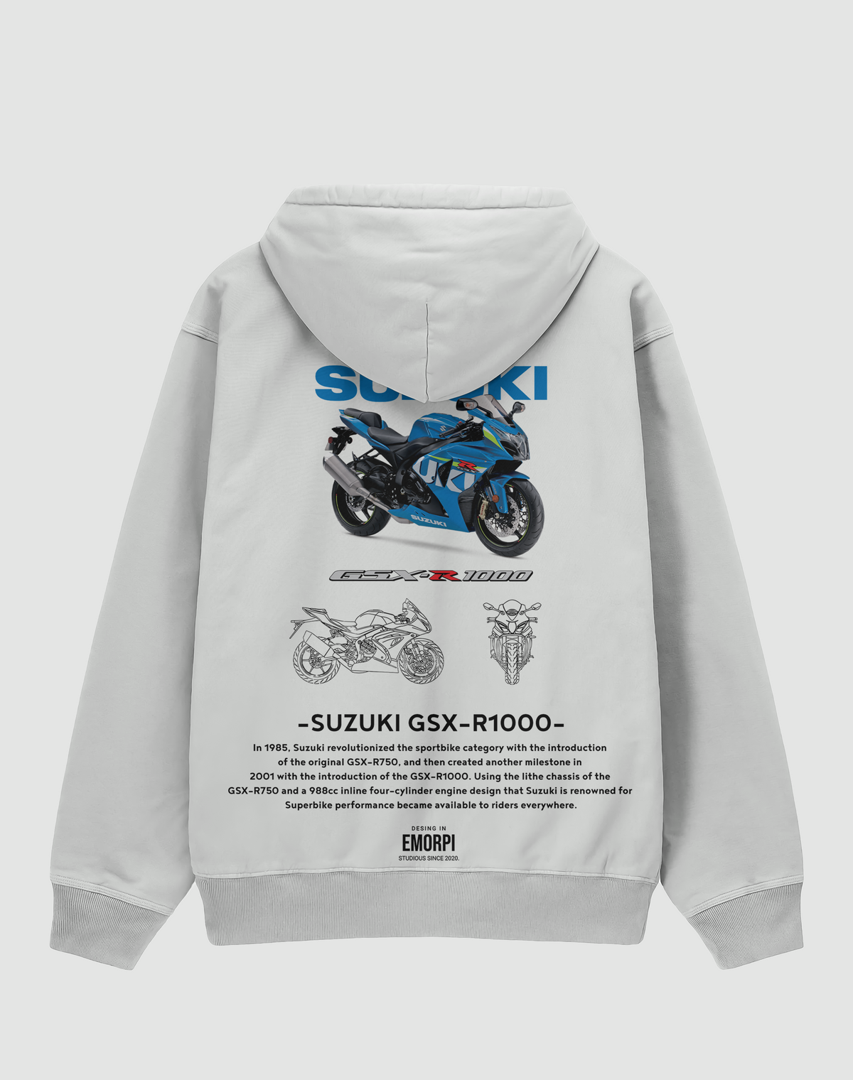 Suzuki GSX-R1000 baskılı oversize hoodie, beyaz, arkadan görünüm. Suzuki GSX-R1000 çizimli sırt baskısı