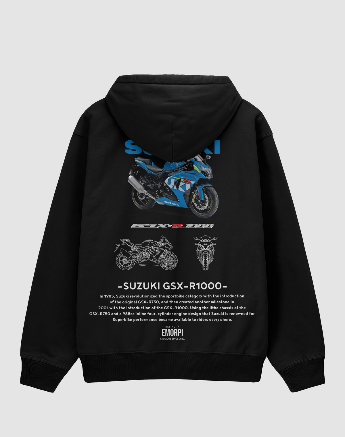 Suzuki GSX-R1000 baskılı oversize hoodie, siyah, arkadan görünüm. Suzuki GSX-R1000 çizimli sırt baskısı