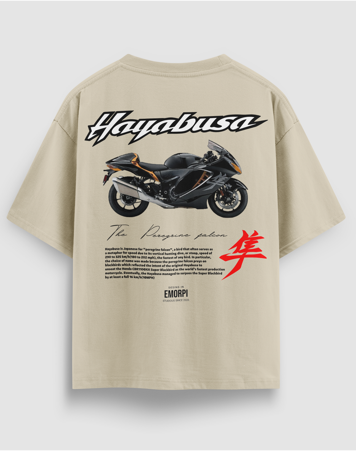 Suzuki Hayabusa baskılı motorcu tişört, bej, arkadan görünüm. Suzuki Hayabusa çizimli, Japonca karakterli sırt baskısı
