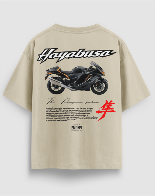 Suzuki Hayabusa baskılı motorcu tişört, bej, arkadan görünüm. Suzuki Hayabusa çizimli, Japonca karakterli sırt baskısı