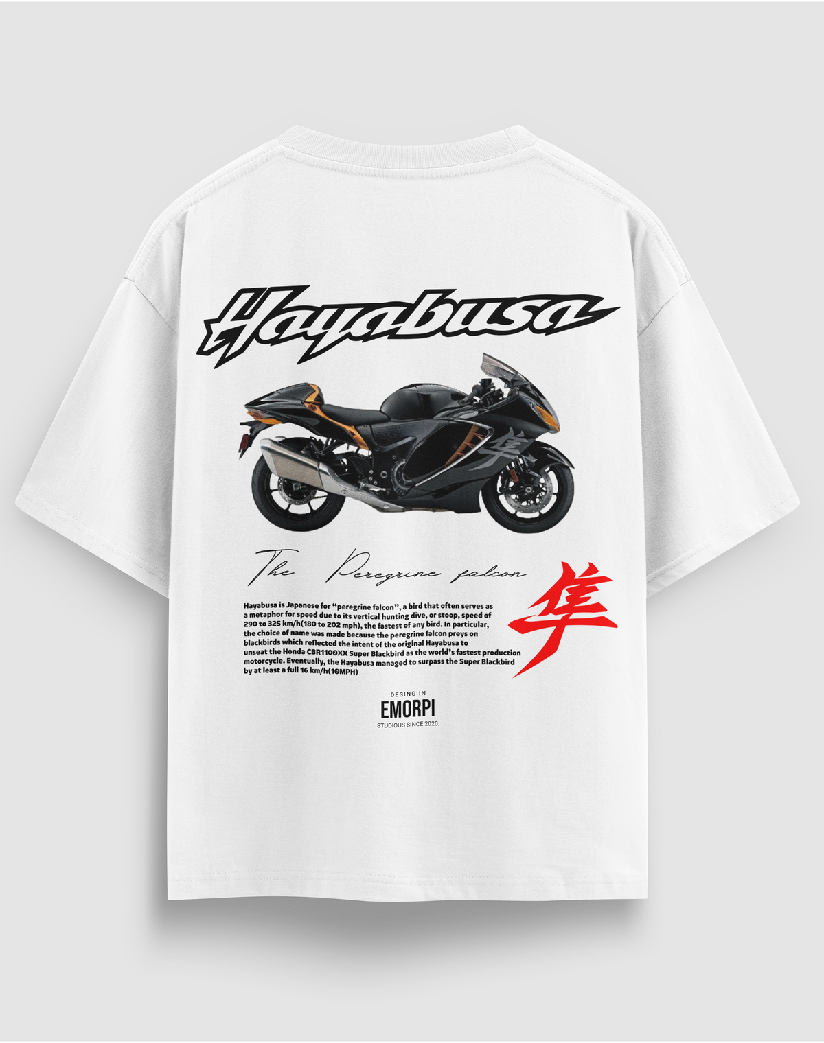 Suzuki Hayabusa baskılı motorcu tişört, beyaz, arkadan görünüm. Suzuki Hayabusa çizimli, Japonca karakterli sırt baskısı