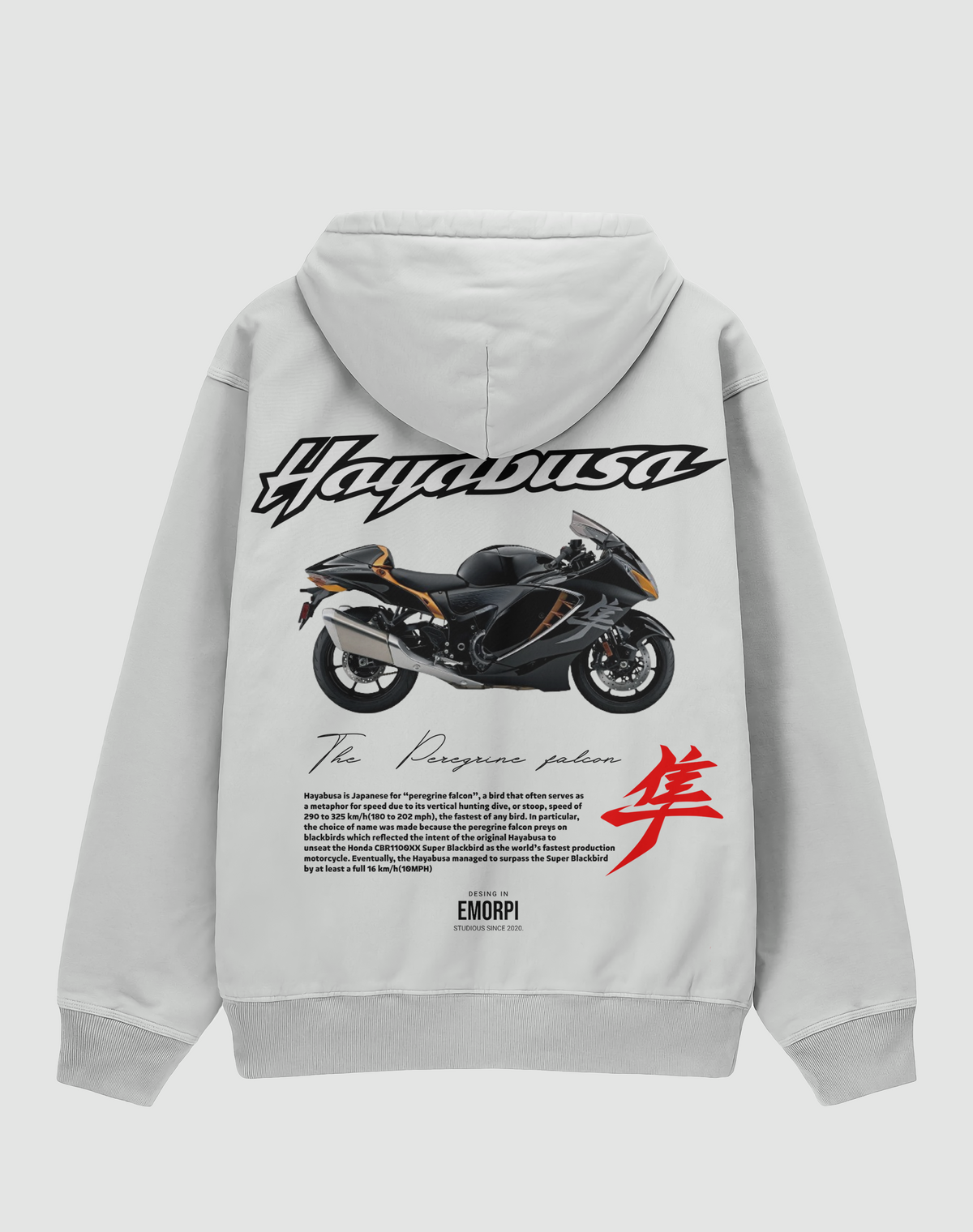 Suzuki Hayabusa baskılı oversize hoodie, beyaz, arkadan görünüm. Suzuki Hayabusa çizimli, Japonca karakterli sırt baskısı
