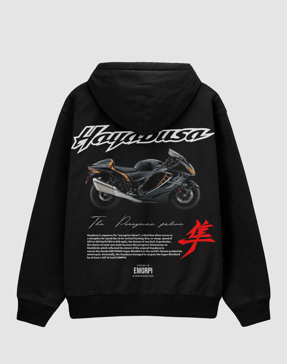 Suzuki Hayabusa baskılı oversize hoodie, siyah, arkadan görünüm. Suzuki Hayabusa çizimli, Japonca karakterli sırt baskısı