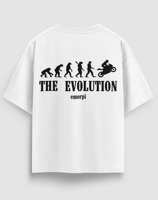 The Evolution baskılı motorcu tişört, beyaz, arkadan görünüm. Evrim sırasının sonunda motorcu, THE EVOLUTION sırt baskısı