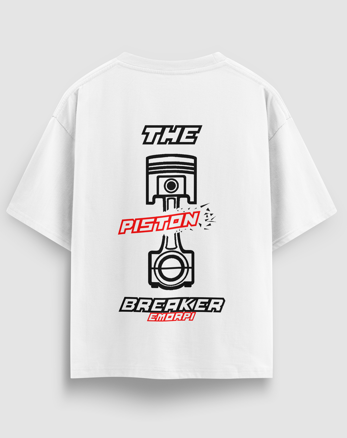 The Piston Breaker baskılı motorcu tişört, beyaz, arkadan görünüm. THE PISTON BREAKER yazılı piston sırt baskısı, önde küçük logo
