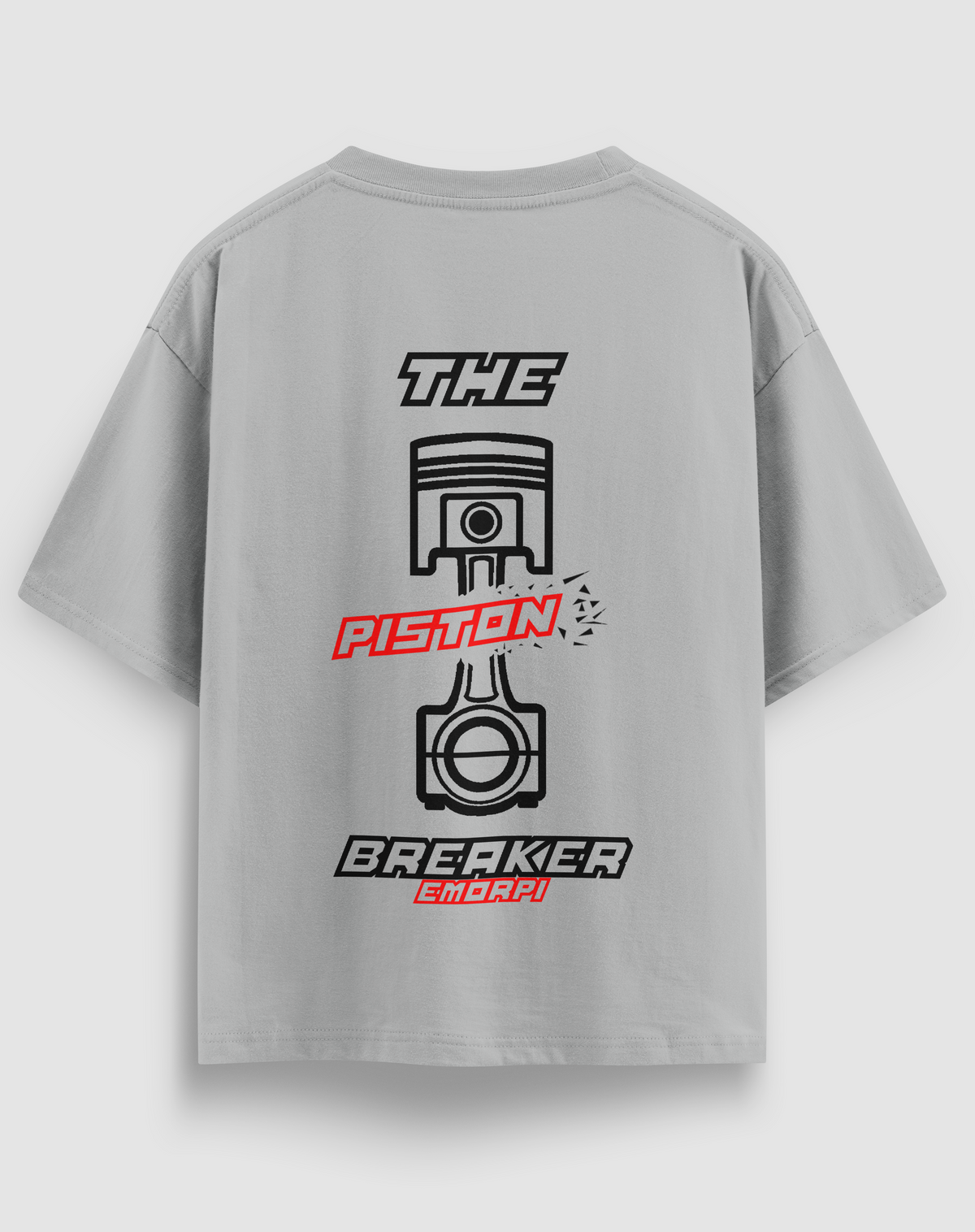 The Piston Breaker baskılı motorcu tişört, gri, arkadan görünüm. THE PISTON BREAKER yazılı piston sırt baskısı, önde küçük logo