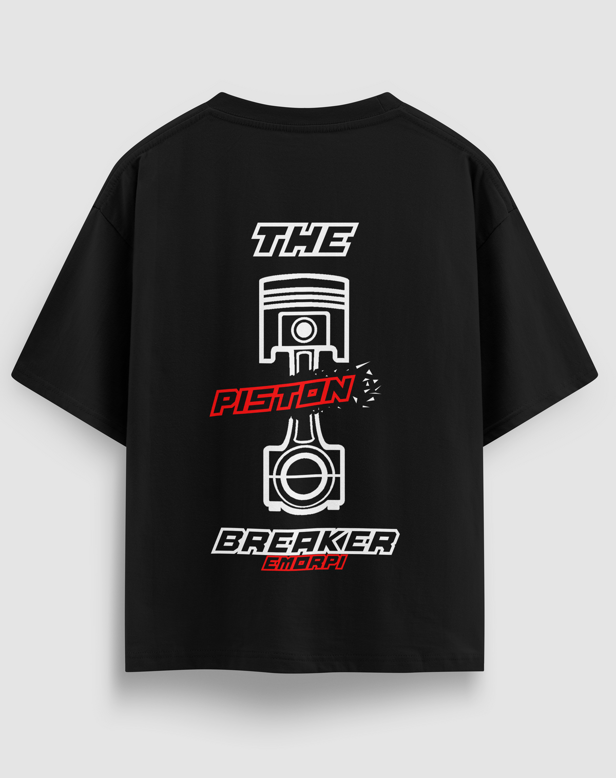 The Piston Breaker baskılı motorcu tişört, siyah, arkadan görünüm. THE PISTON BREAKER yazılı piston sırt baskısı, önde küçük logo