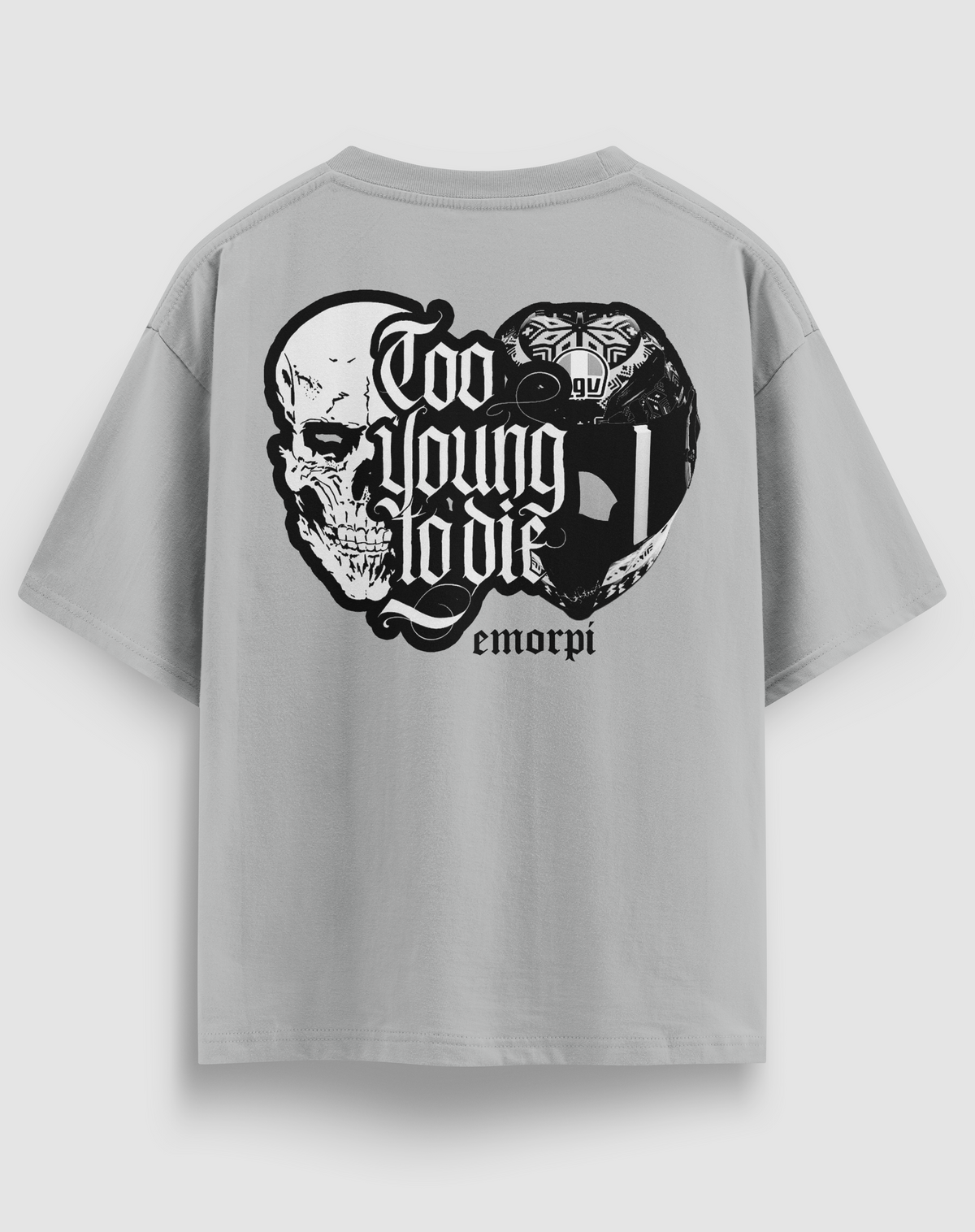 Too Young To Die baskılı motorcu tişört, gri, arkadan görünüm. Kurukafa ve kask çizimli Too Young To Die sırt baskısı