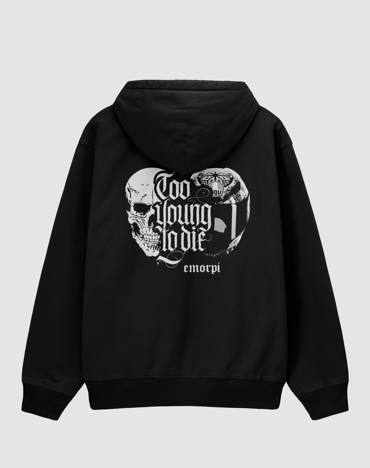 Too Young To Die baskılı oversize motorcu hoodie, siyah, arkadan görünüm. Kurukafa ve kask çizimli Too Young To Die sırt baskısı
