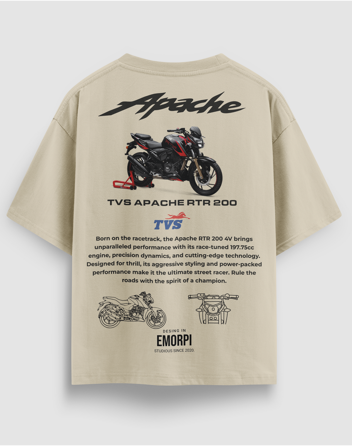 TVS Apache RTR 200 baskılı motorcu tişört, bej, arkadan görünüm. TVS Apache RTR 200 çizimli sırt baskısı