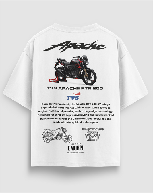 TVS Apache RTR 200 baskılı motorcu tişört, beyaz, arkadan görünüm. TVS Apache RTR 200 çizimli sırt baskısı
