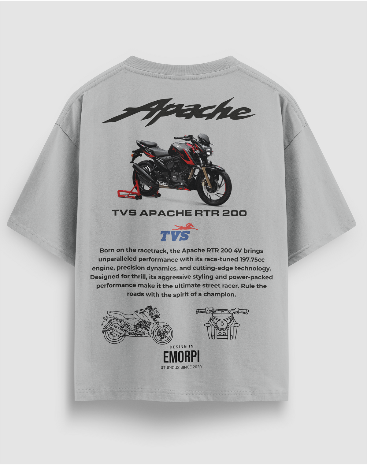 TVS Apache RTR 200 baskılı motorcu tişört, gri, arkadan görünüm. TVS Apache RTR 200 çizimli sırt baskısı