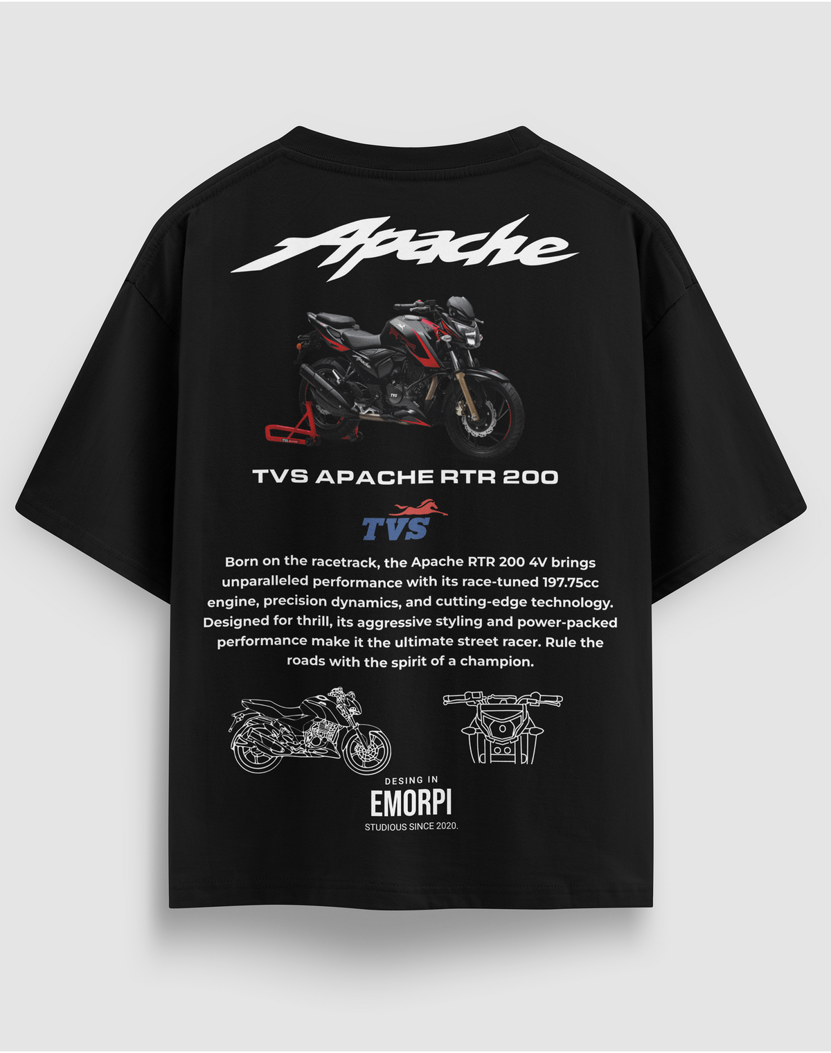 TVS Apache RTR 200 baskılı motorcu tişört, siyah, arkadan görünüm. TVS Apache RTR 200 çizimli sırt baskısı